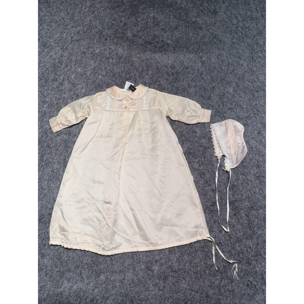 VTG Baby Dior Christian Dior Pink Dress Nightgown Christening Lace Trim 0-12m